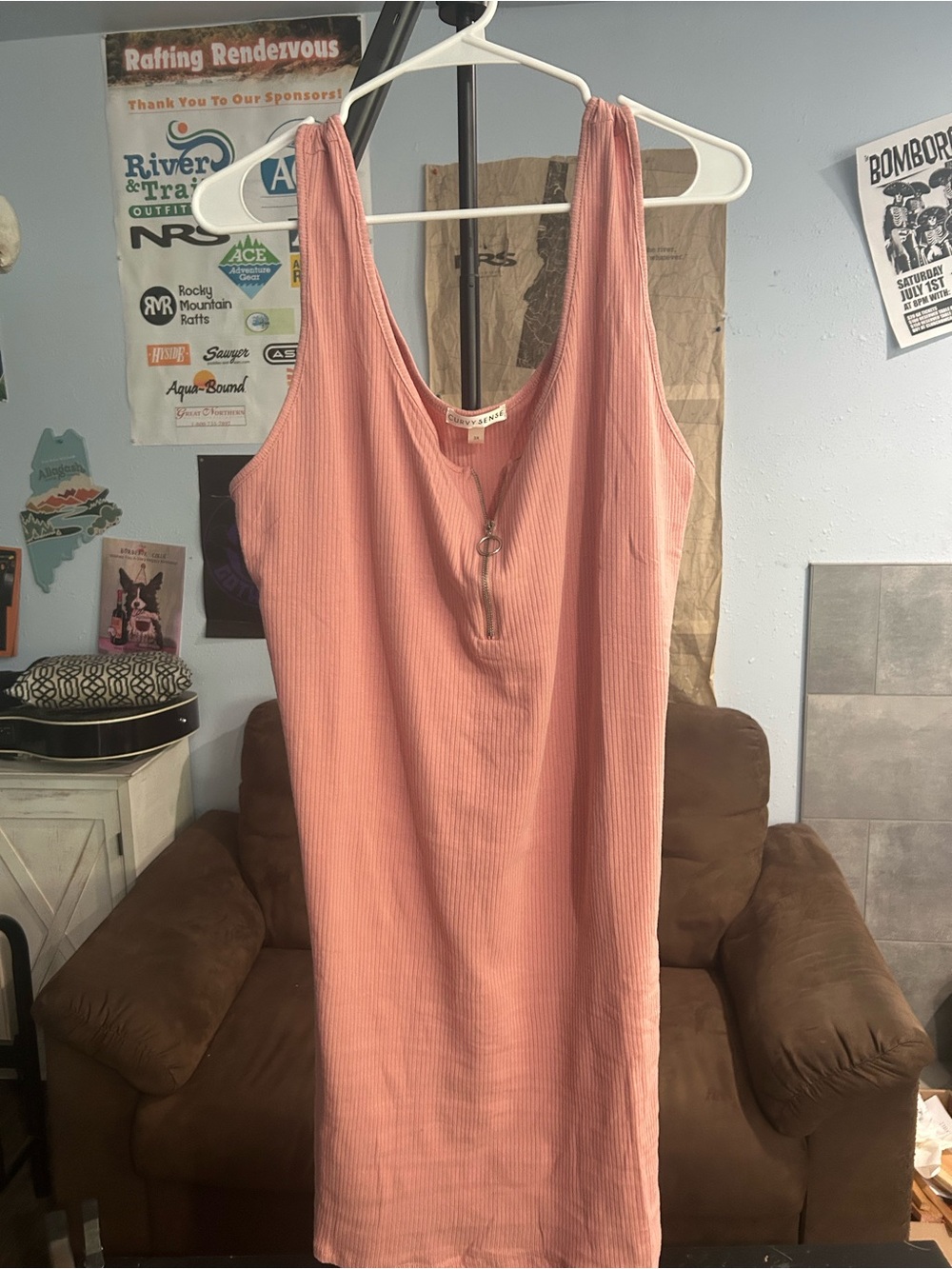 Women’s Midi Ribbed Tank Dress with Front Zip - Pink